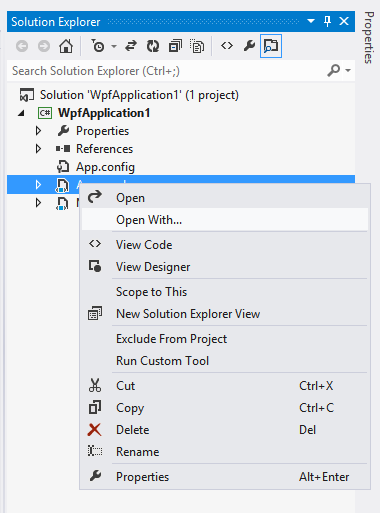 Open with option in Solution Explorer