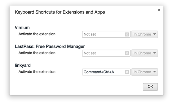 A dialog for adding custom keyboard shortcuts to invoke Chrome extensions